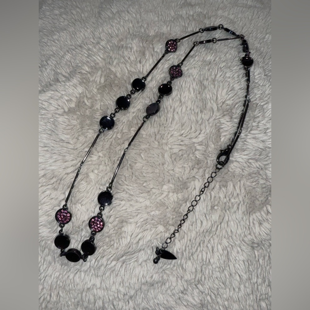Coldwater Creek Necklace Dark Purple Stick Link Chain‎ Pink Rhinestones 30”